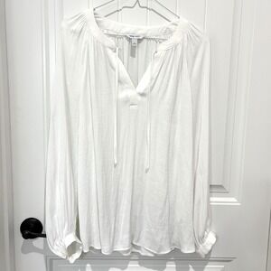 Women's Blouse Chiffon Peasant Tie Front Bishop Long Sleeve‎ Ivory Large
